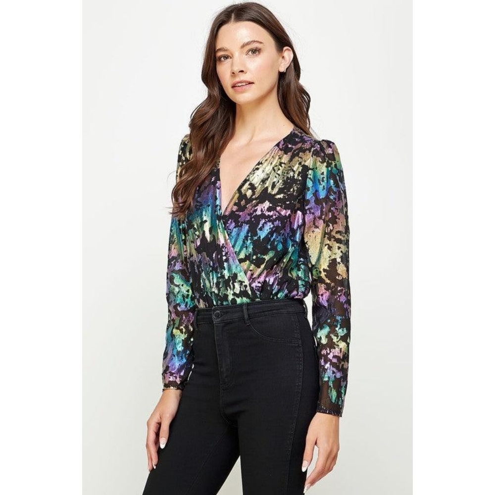Strut & Bolt Metallic Black Multi Foil Body Suit Top Small